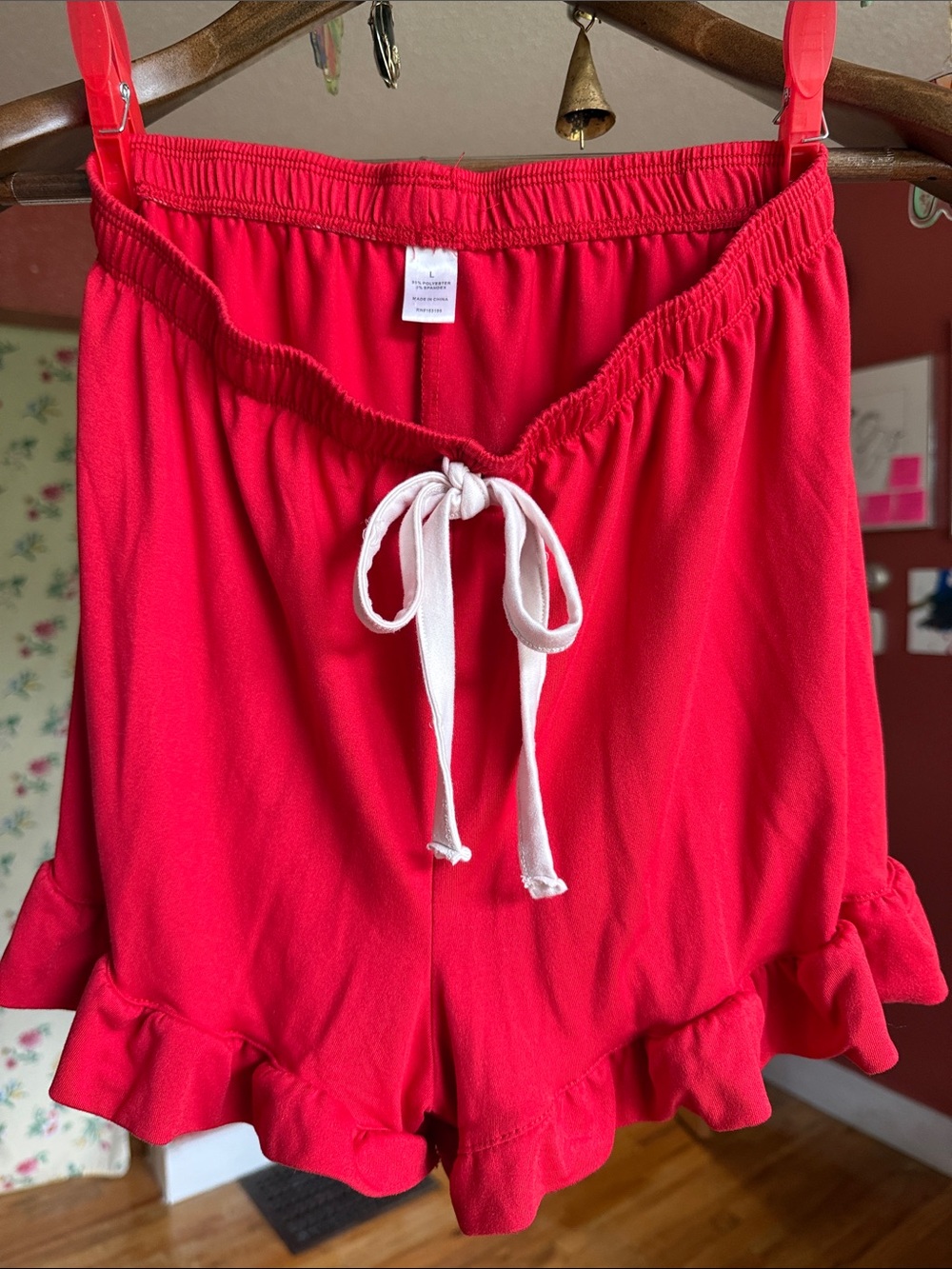 Red Ruffle Hem Drawstring Pajama Shorts - Picture 2 of 5